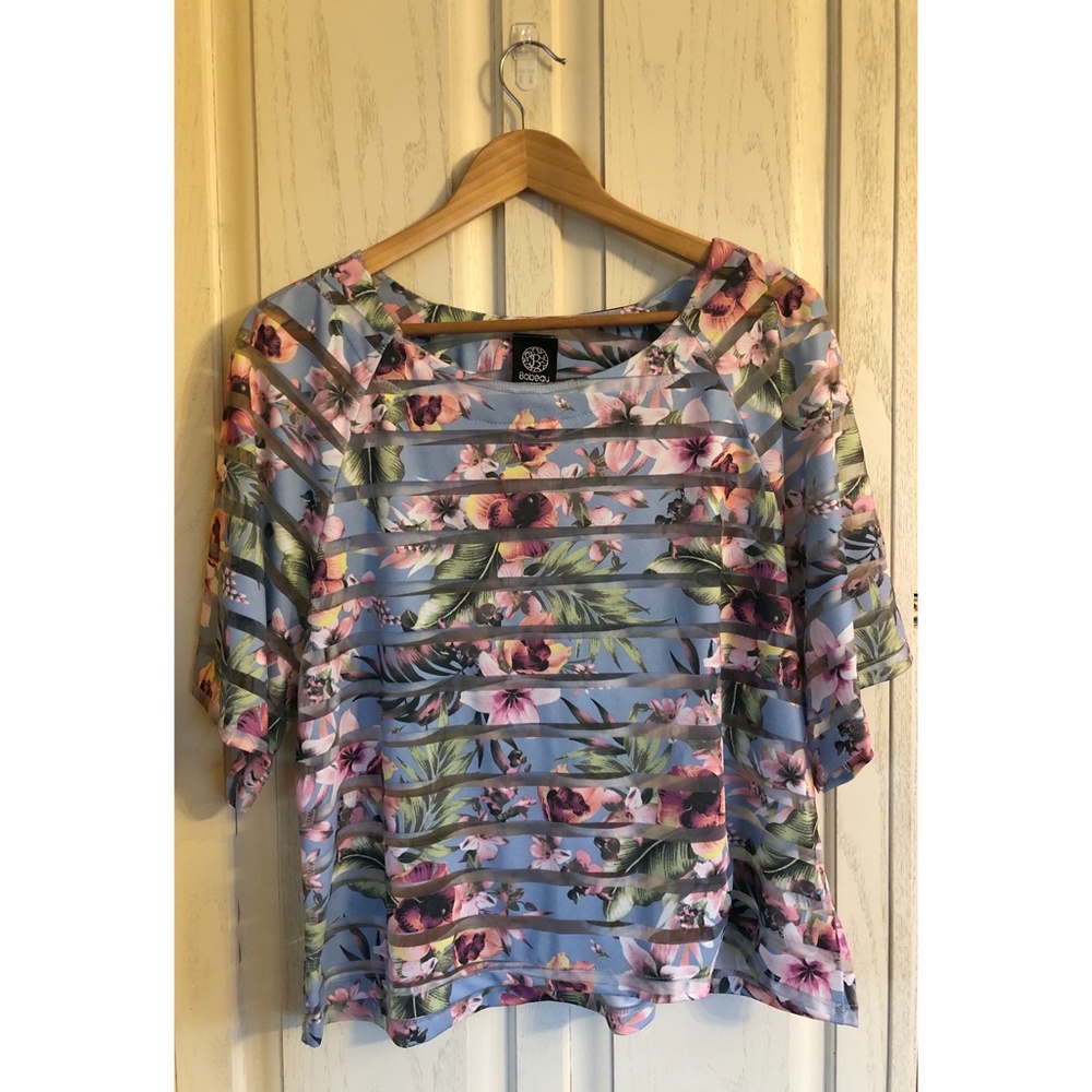 Bobeau Stripe Sheer & Tropical Floral Crop Tshirt